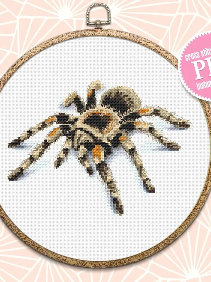 Tarantula spider cross stitch pattern download PDF Spooky animal cross stitch chart, 3d spider embroidery PDF, Horror tarantula pattern #D10