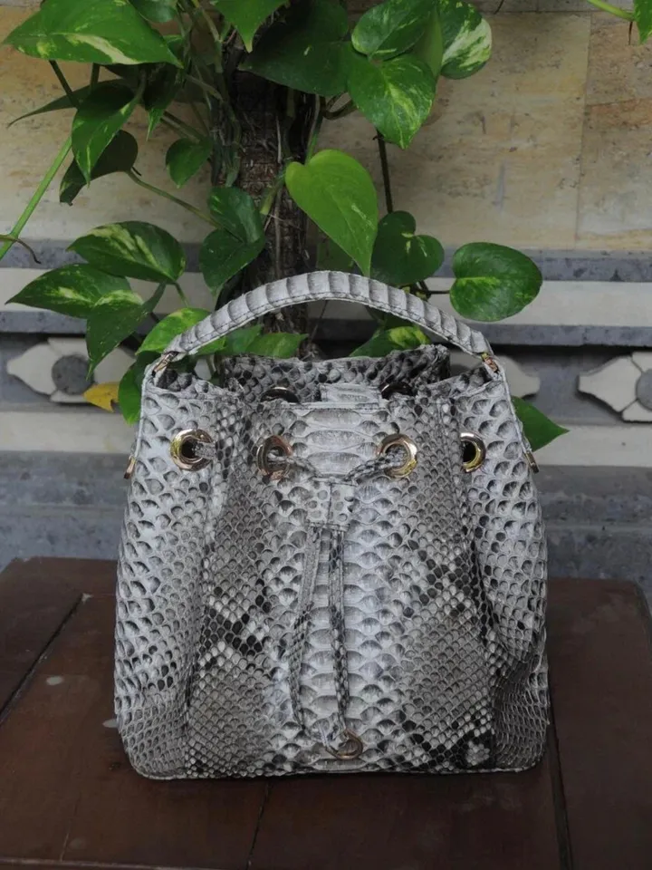 Genuine python skin grey bucket crosshandle bag/ designer women purse | classy elegant crossbody bag | exotic leather bags | gift idea