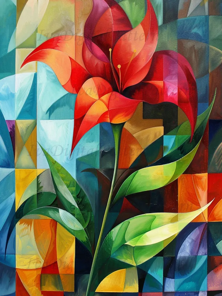 Digital Art Print Red Flower Abstractionism Cubism Mid Century , Modern Wall Art Decor, Prints, Instant Download