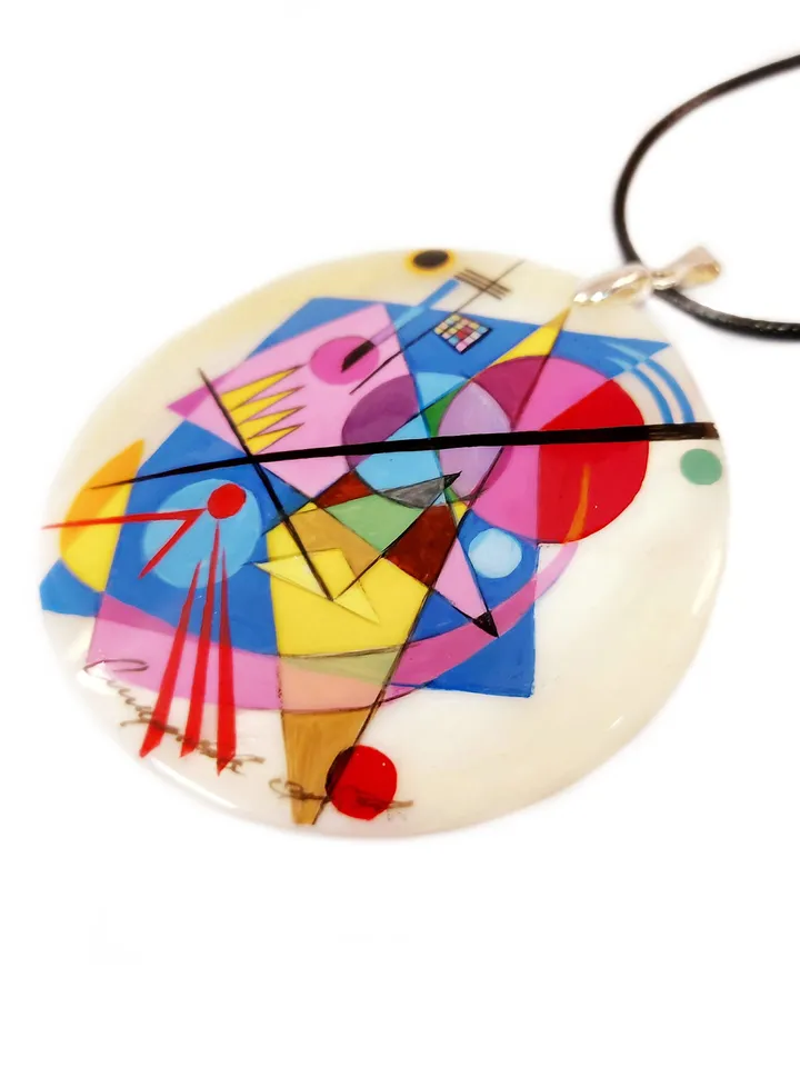 Mother-of-pearl Russian hand-painted necklace pendant. Jewelry. Abstraction. Kandinsky. Hand paint mother of pearl necklace.