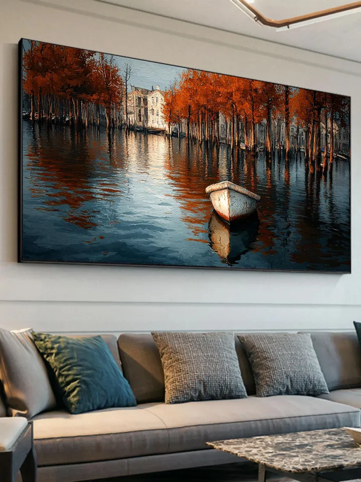Canal Oil Painting, Autumn Scene Large Wall Art, Boat Painting, Fall Colors Artwork, Cityscape Art, Original Painting, Water Reflection Art
