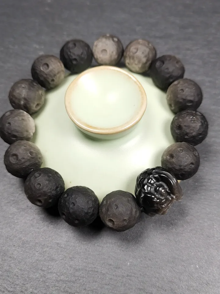 Gandhanra Old Tibetan Obsidian Wrist Mala, 0.6" Gradient Moon Ball Prayer Beads Bracelet,8 inches Circumference