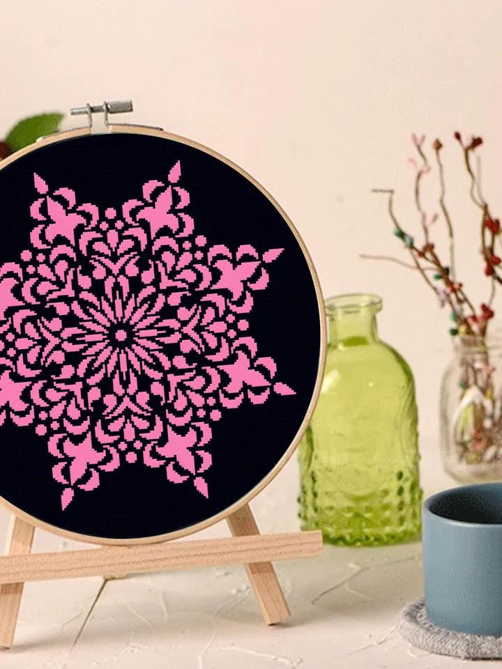 Mandala cross stitch pattern download PDF, Monochrome mandala ornament cross stitch chart, Snowflake ornament embroidery, Home decor #M131