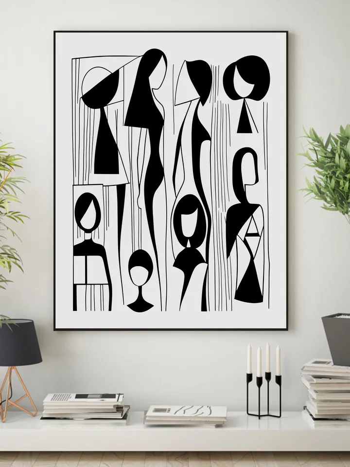 Black and White Abstract Line Art Print, Mid Century Modern Wall Art, Minimal Geometric Poster, Printable Home Decor Artwork