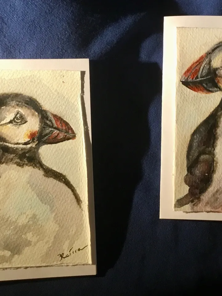 Puffins greeting cards,handpainted watercolour cards,original watercolour paintings,unique handmade gifts,small birds watercolor paintings .