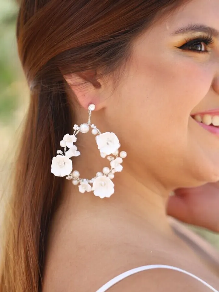 Delicate Porcelain Flowers Wedding Earrings For Bride, Crystal Silver Bridal earrings, Hoop Earrings, Chandelier Statement Earrings, Jewelry