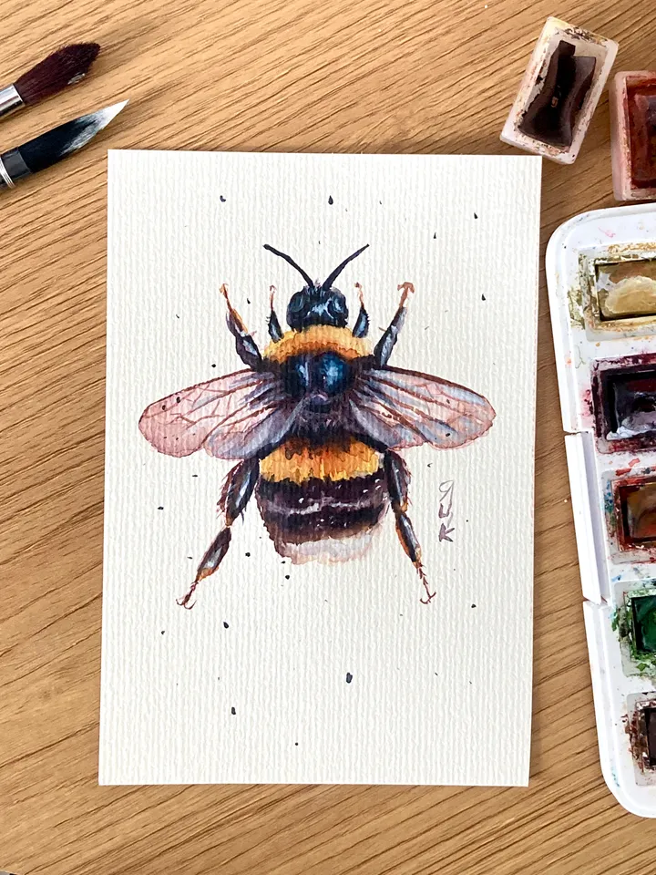 Bee Painting Original Watercolor Painting Gift Small Insect Art Bumblebee Illustration 4x6