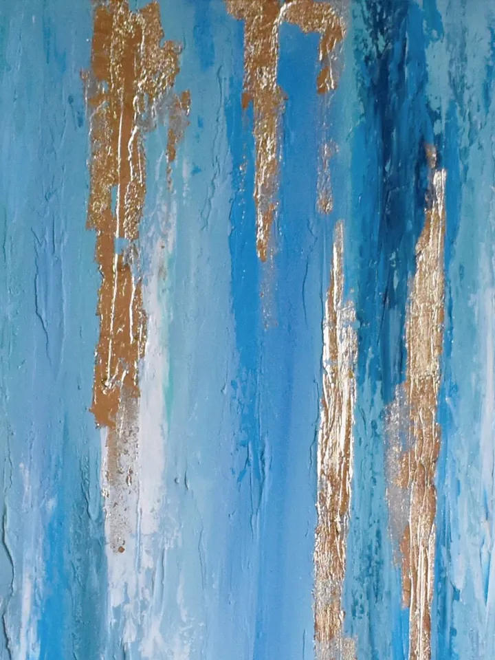 Blue Turquoise and Gold Abstract Wall Art Modern Original Oil Painting on Canvas