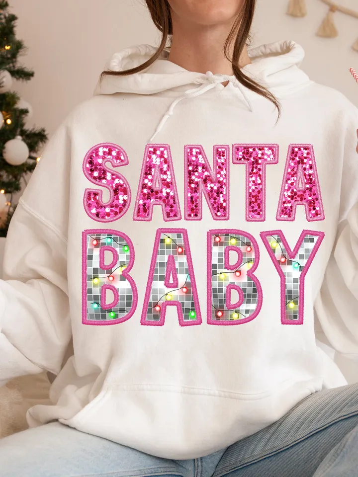 Santa baby preppy disco Christmas lights digital Faux Glitter Sequins Embroidery Letters PNG Christmas Lights, Trendy pink Christmas
