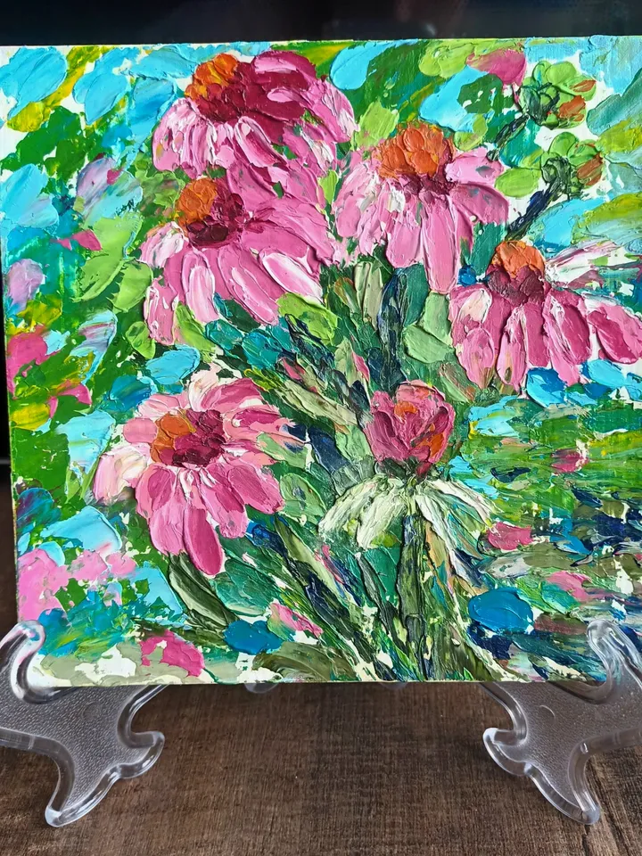 Oil painting bouquet of Echinacea flowers