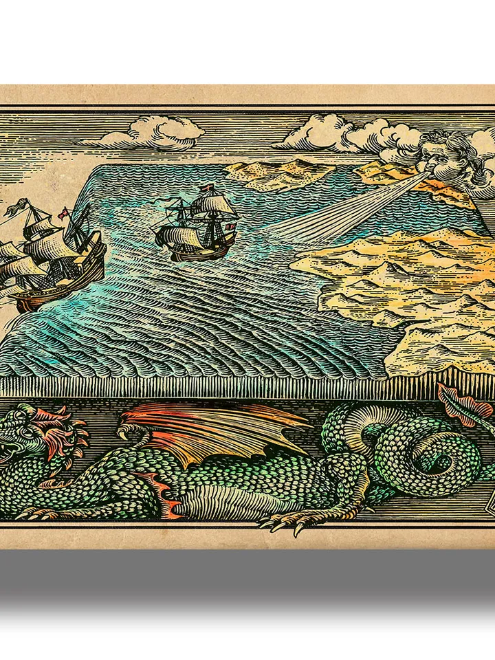 The flat Earth map. Medieval artwork with ships and a dragon.