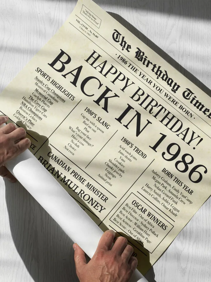 39th birthday newspaper poster printable gift born in 1986 fun facts back in 1986 canada birthday decor digital download