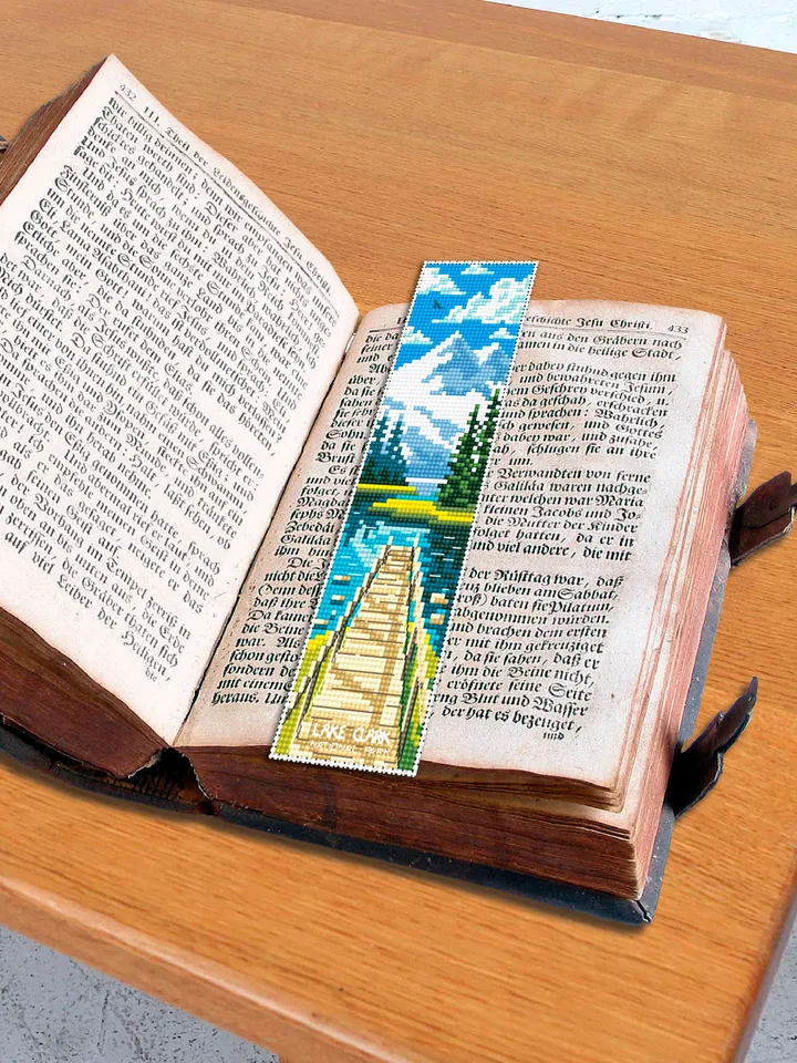 Lake Clark national park bookmark cross stitch pattern PDF download Nature cross stitch chart Digital bookmark pattern Dock on a lake #B225