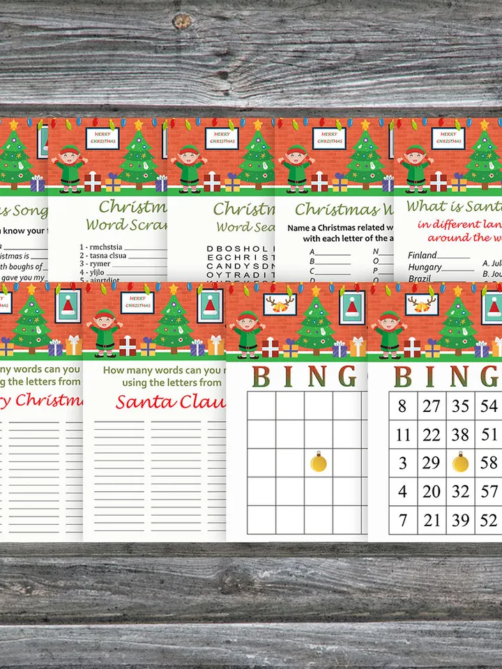 Christmas party games bundle,Printable Christmas Party Game Pack,Happy Santa and Gnome Christmas Trivia Game Cards