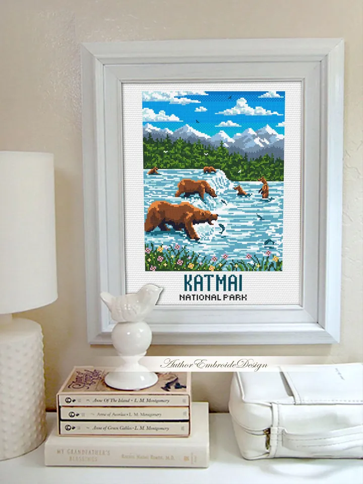 Katmai national park cross stitch pattern PDF download Travel poster cross stitch Bears catch fish Brooks falls in Alaska Bear fishing #L101