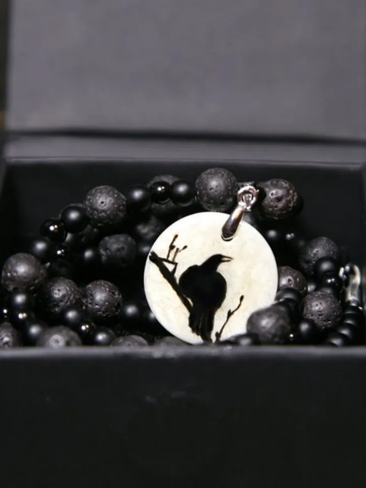 Raven or crow necklace with love rune on the other side. Nacre pearl pendant
