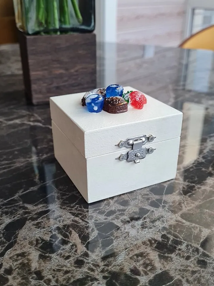 Wood handmade rings box White trinket box Berries decor on lid Gift storage box