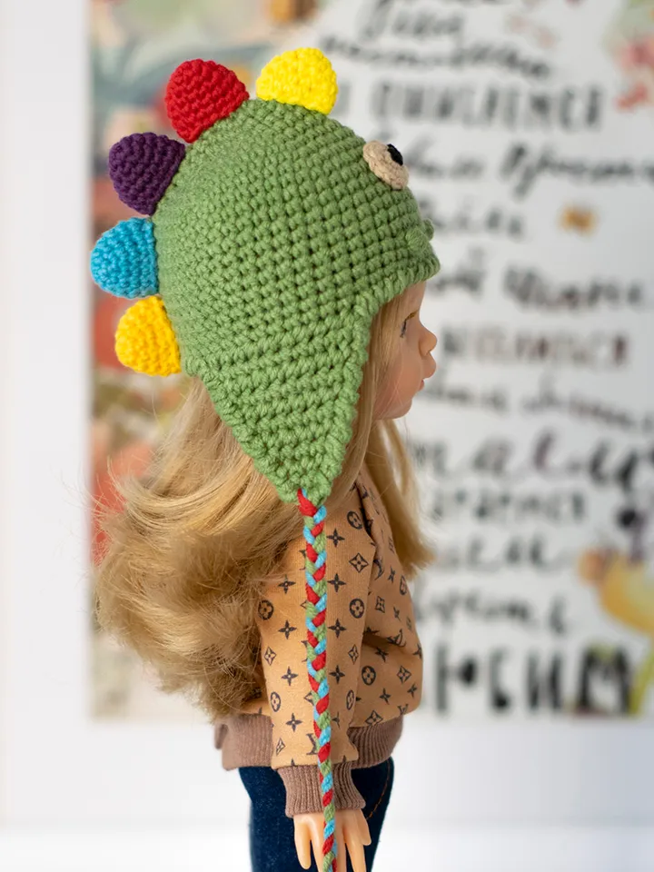 Crocheted Dinosaur hat for 13" dolls Paola Reina, Meadowdolls Dumplings, Little Darling, Siblies RRFF for Halloween