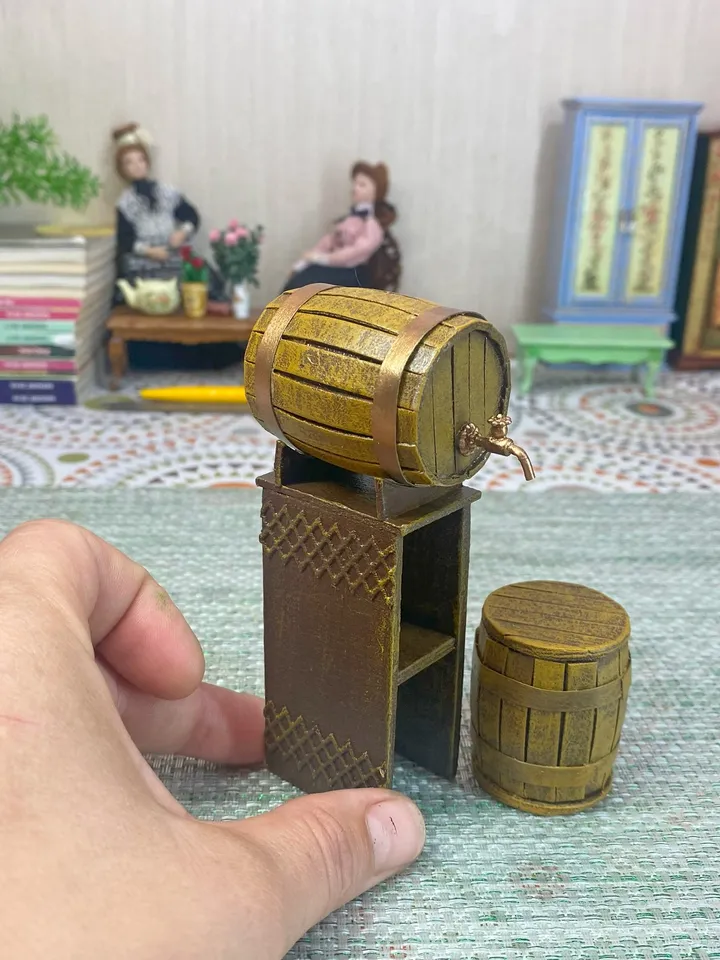 Wine set. Barrel with wine. Barrel. Puppet miniature. 1:12. Doll accessories.