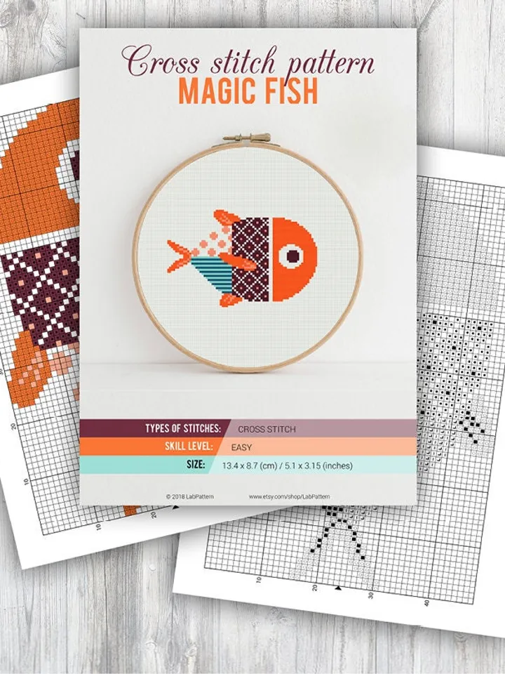 Cross stitch pattern Magic Fish Cross stitch pattern Ornament Geometry Orange PDF Format Instant Download Home decor Modern