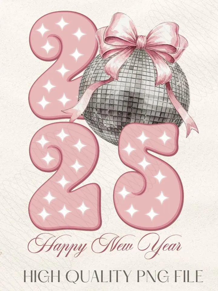 Happy New Year 2025 Png, Disco Ball New Year's PNG, Retro Happy New Year Sublimation, Trending Disco Ball, Pink Bow New Year Sublimination