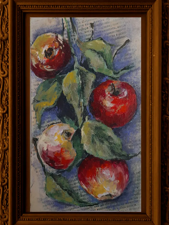Miniature oil painting Apples on a branch 21x12,5 cm (8.28 х 5 inches)