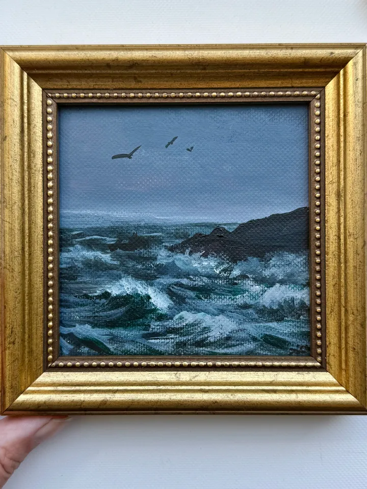 Small Landscape Painting Framed Original Foggy Cliff Painting Antique Misty Art Coastal Gold Frame Tiny Paintings 4 x 4 Art Victorian artwork