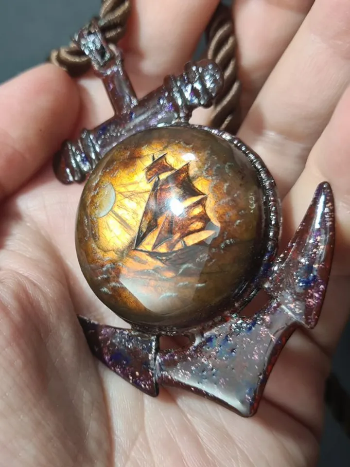 The ship and the moon Labradorite gemstone pendant Miniature painting Necklace