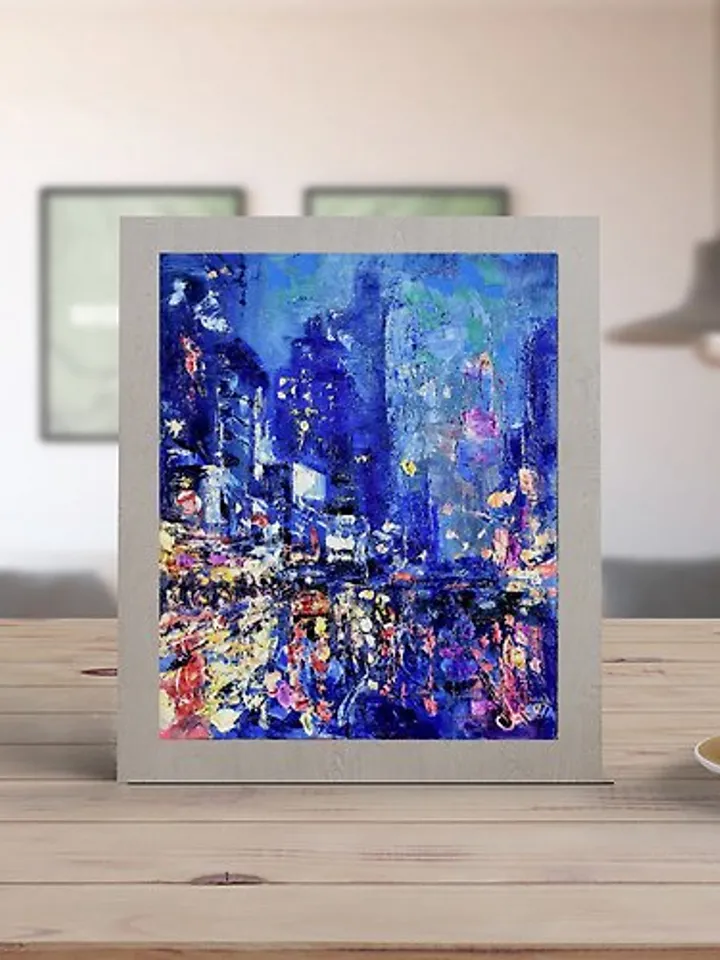New York Painting Rainy NYC Original Art Night Street City Artwork 油畫原作