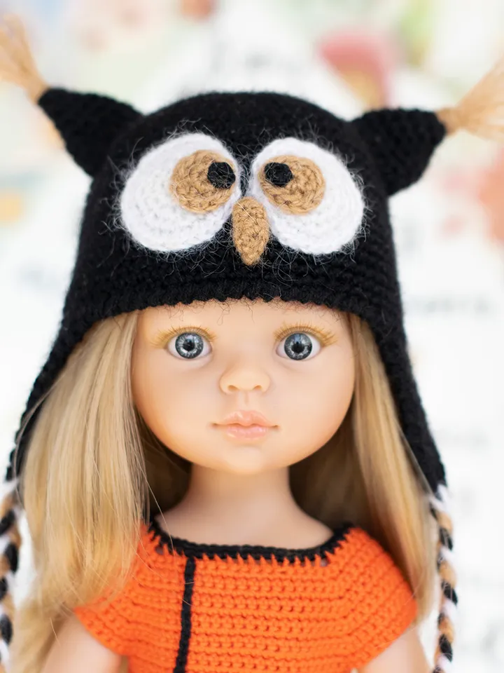 Crocheted Owl hat with ears for Paola Reina doll, Meadowdolls Dumplings, Little Darling, Siblies rrff for Halloween