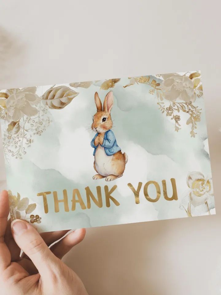 Editable and Printable thank you card template for 1st Baby Birthday party in Peter Rabbit style instant download and unlimited access pr888