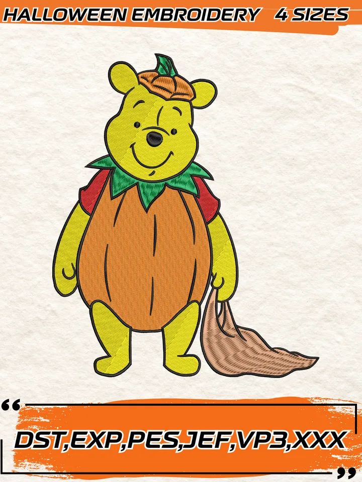 Pumpkin Pooh Embroidery Design Embroidery Design,Halloween Embroidery Design,4 Sizes, Digital Download