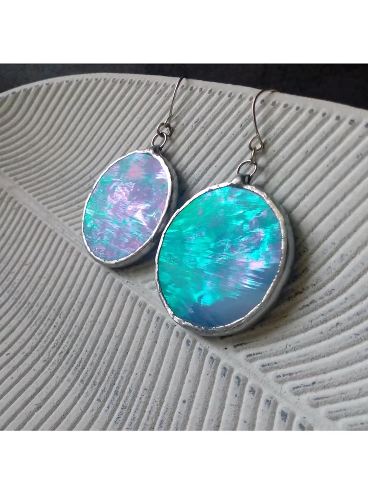 Iridescent stained glass blue earrings, Dichroic earrings, Duochrome earrings, Round stained glass