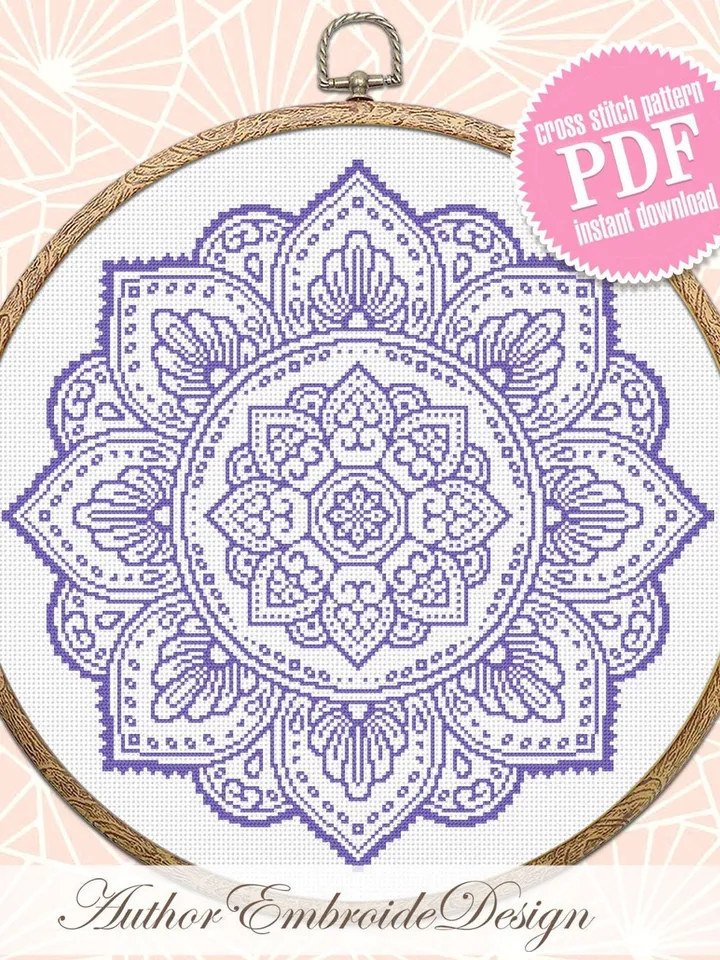 Flower mandala cross stitch pattern PDF download Monochrome cross stitch chart, Simple mandala pattern digital PDF, Mandala ornament #M264