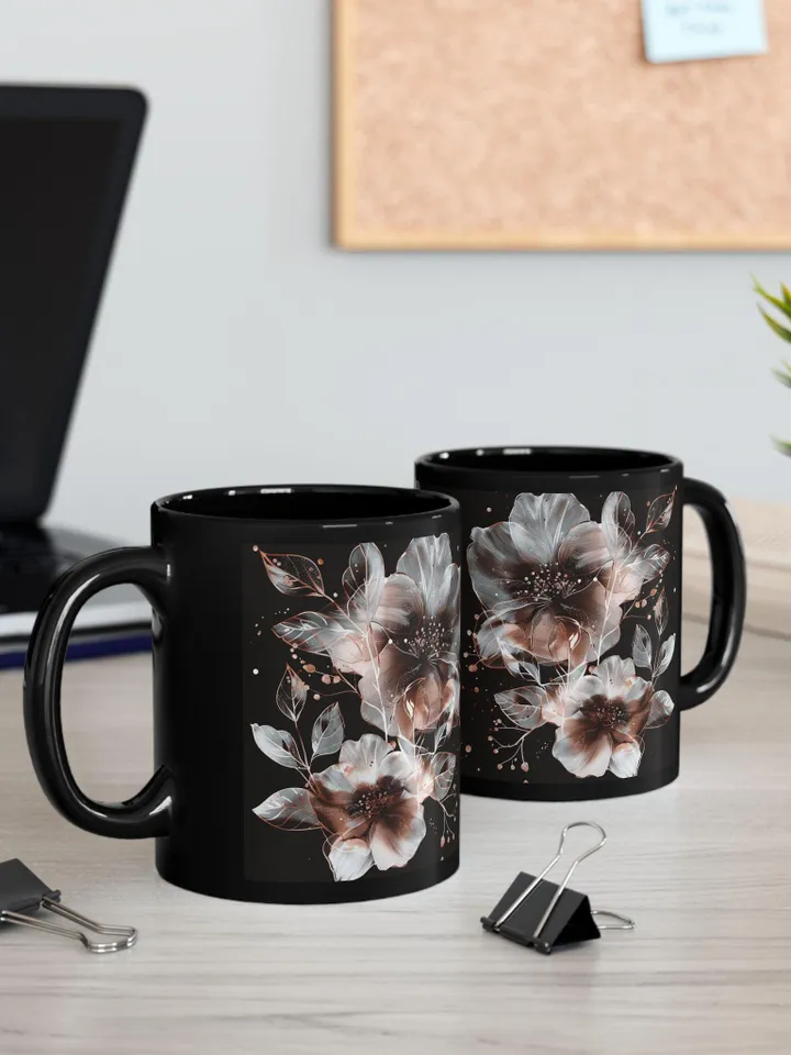 Black Floral Mug, Coffee Lover Gift, Tea Cup, Home Decor, Chic Kitchen Accessory, Ceramic 11oz 15oz