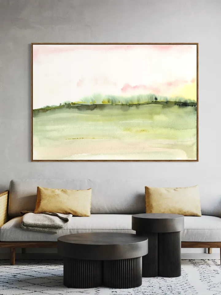 Pink Green Landscape Watercolor Painting,Neutral Maximalist Pink Art,Horizontal Art, Minimalist Landscape Wall Art, Pink Wall Decor
