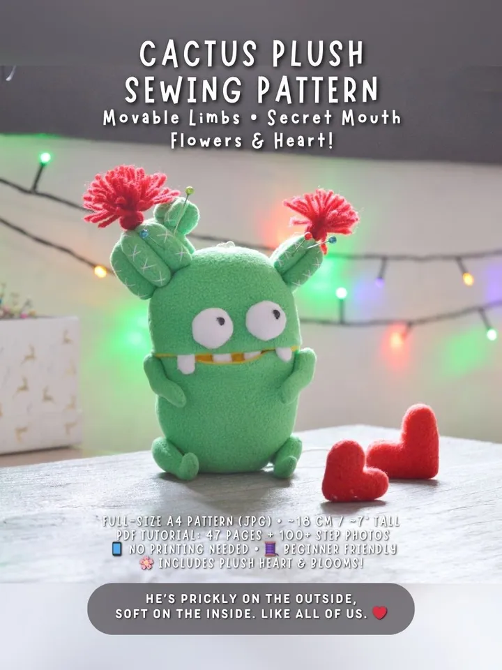 Fleece Plush Cactus PDF Pattern – Softie with Heart & Flowers