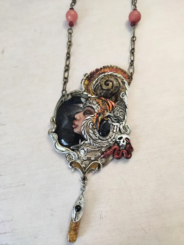 Necklace Flower of the Desert. Cameo with blue Aventurine. Designer necklace.