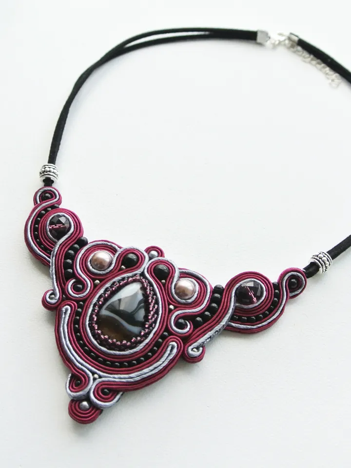 Burgundy necklace with Agate stone, Soutache Embroidered statement necklace