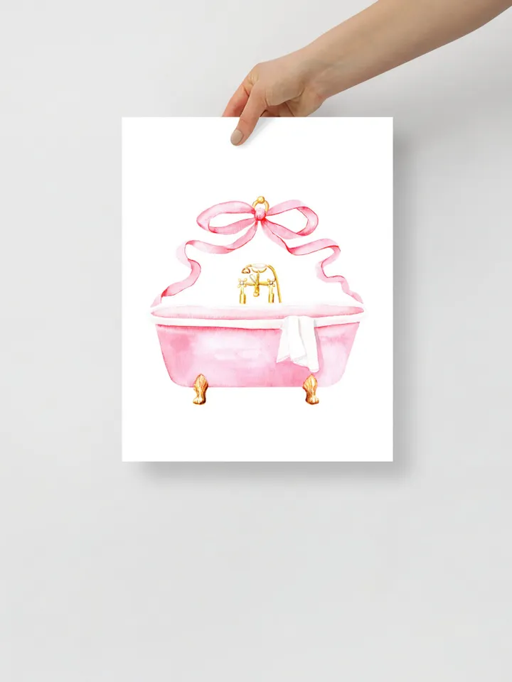 Pink Bathroom Vintage Bow Art Print, Watercolor Painting, Retro Bathroom Decor, Girls Bathroom Decor, Pink Bathtub, Gift For Her, Bath Time