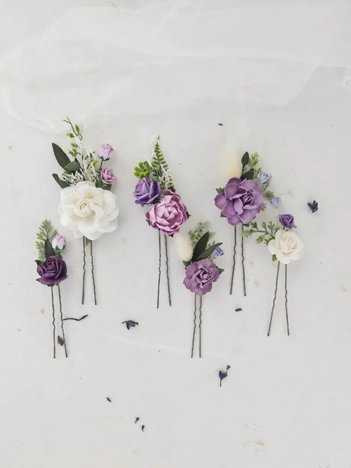 Purple set of 5 pcs/8 pcs/12 pcs bobby pins, Wedding hair accessories, Bridal hair pins, Flower hair piece