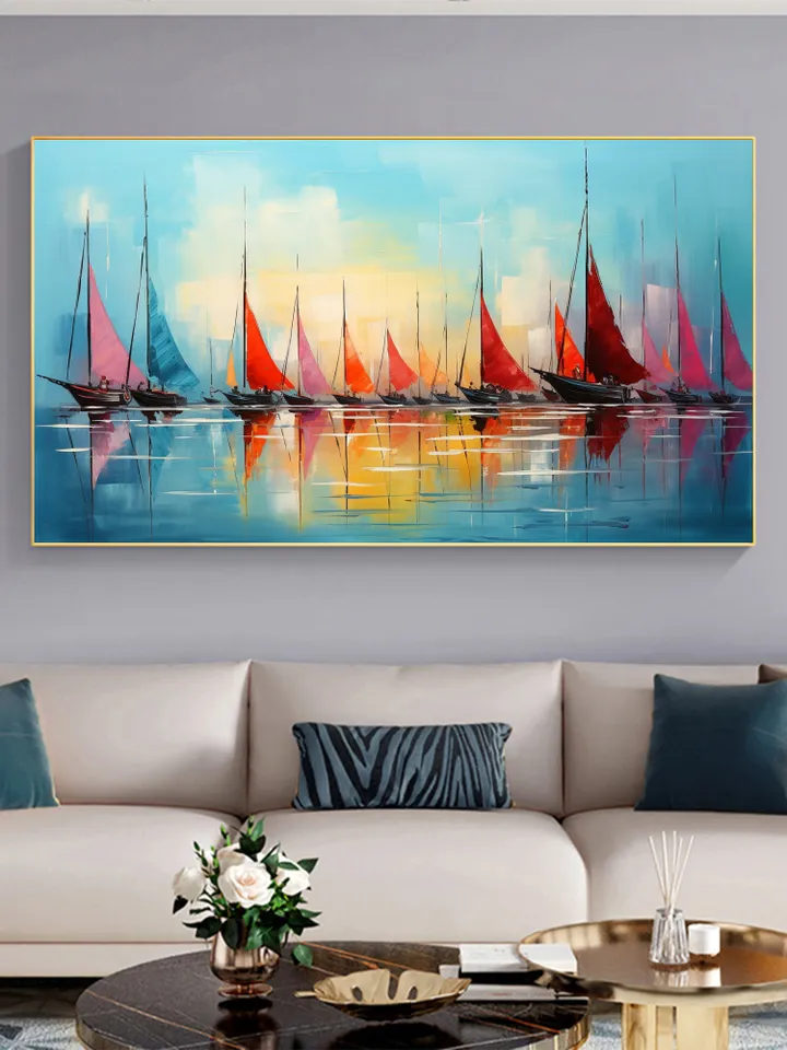 Original Sailboats Painting on Canvas, Large Wall Art, Abstract Colorful Painting, Ocean Art, Living room Wall Decor, Custom Painting