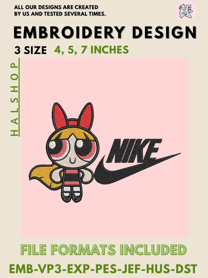 Blossom x Nike Machine Embroidery Design – Powerpuff Girls Cartoon Digital Embroidery File 🌸