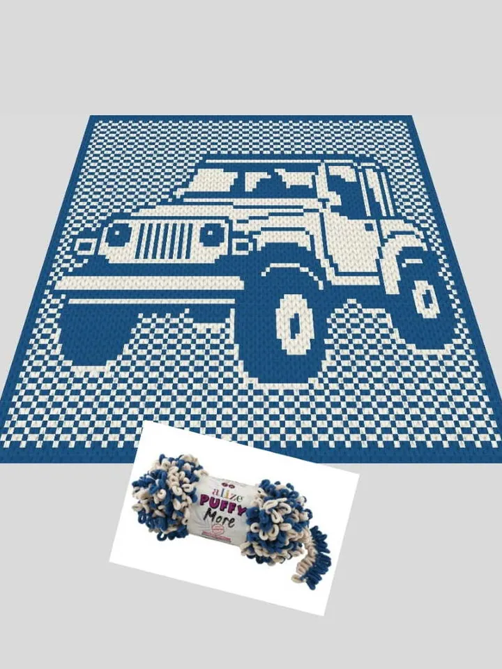 Loop yarn Finger knitted Jeep Wrangler blanket pattern