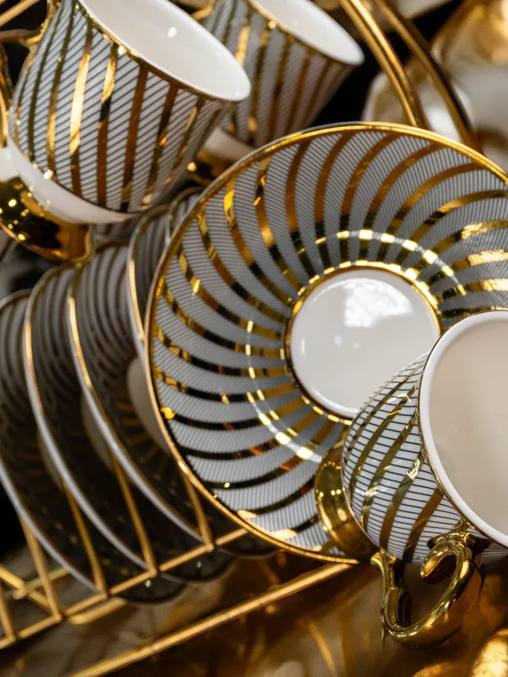 14K Genuine Gold Powder Porcelain Tea Cups And Saucers | Tea Cups Saucers Set | Gold Porcelain Set | Elegant Teaware | Gift For Tea Lovers