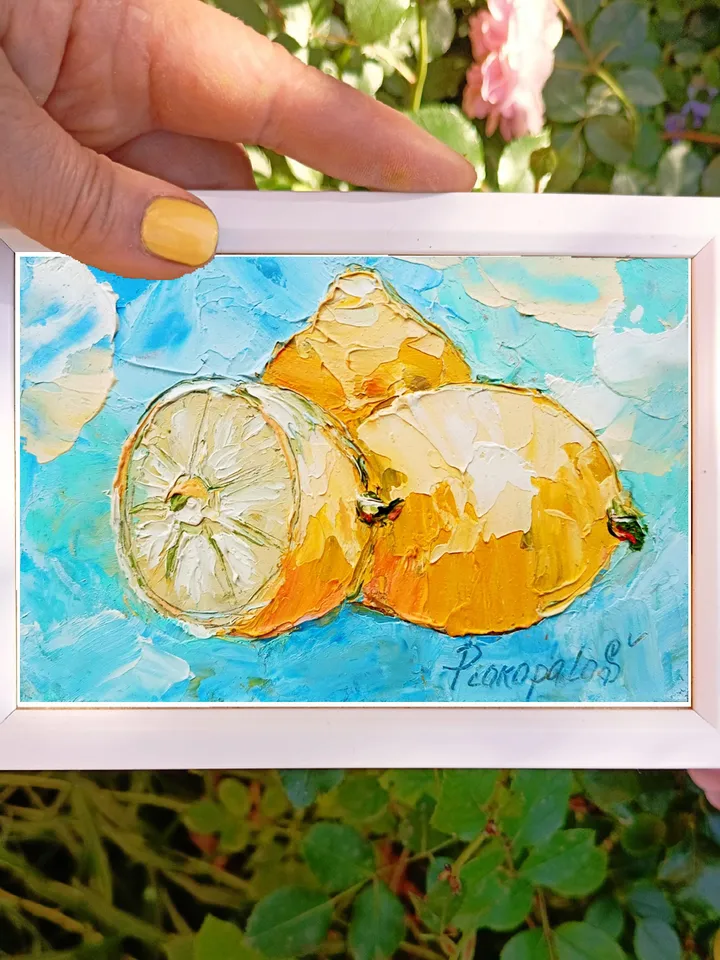 Lemon Painting Fruit Original Art Impasto Painting 6x4 Still Life Wall Art Small Painting Citrus Artwork Gifs by ArtProkopaloSv