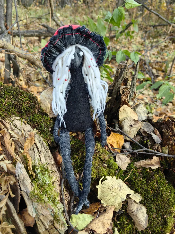 Mushroom art doll Fantasy creature Forest spirit doll Gothic figurine Shelf sitters Black witch goddess Weird art doll