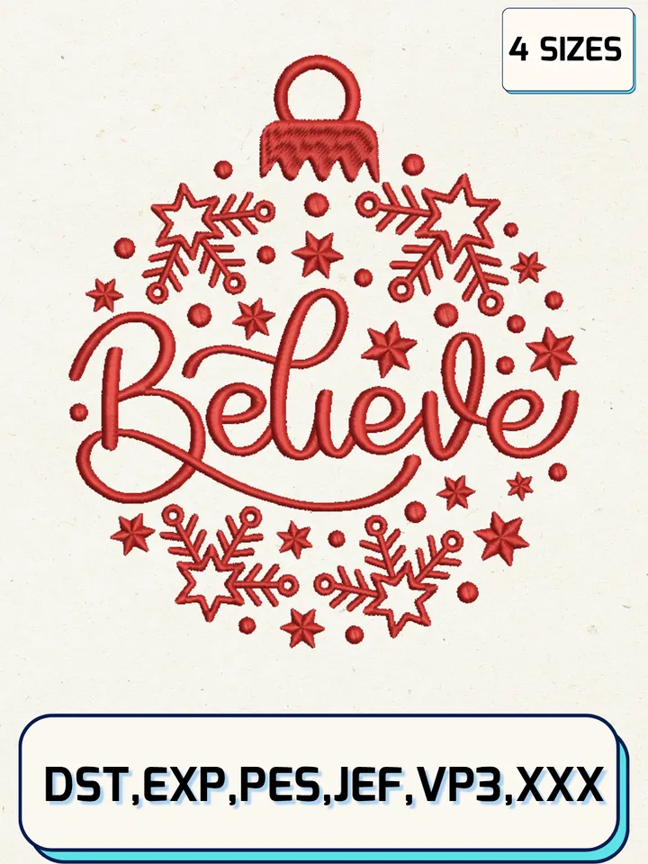 Christmas Believe Ornament Embroidery Designs,Christmas Embroidery Designs,Machine Embroidery Files,4 Sizes