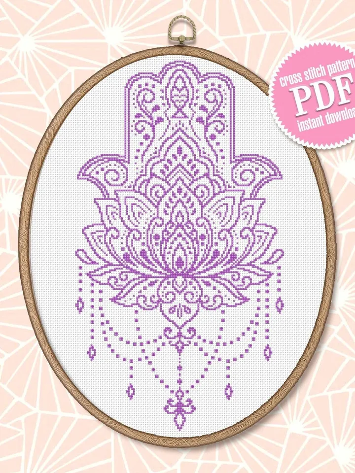 Hamsa hand cross stitch pattern PDF download Lotus mandala cross stitch chart, Hand of Fatima cross stitch, Good luck charm embroidery #M148