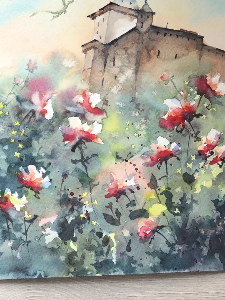 Dragon castle painting Original fantasy art by Yulia Evsyukova